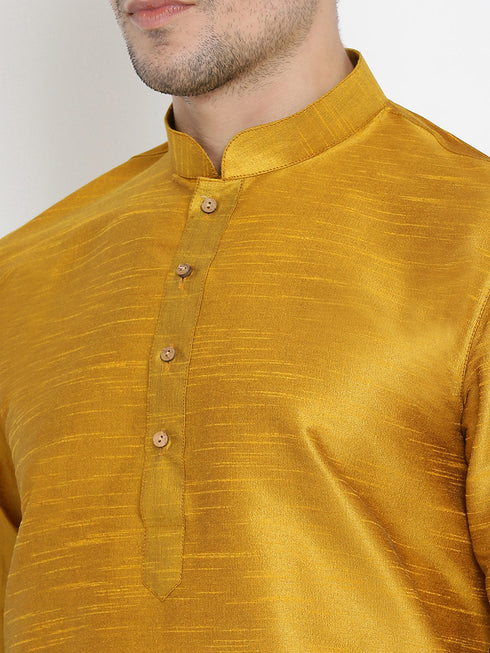 Vastramay Vastramay Men's Mustard Silk Blend Curved Kurta Dhoti Set